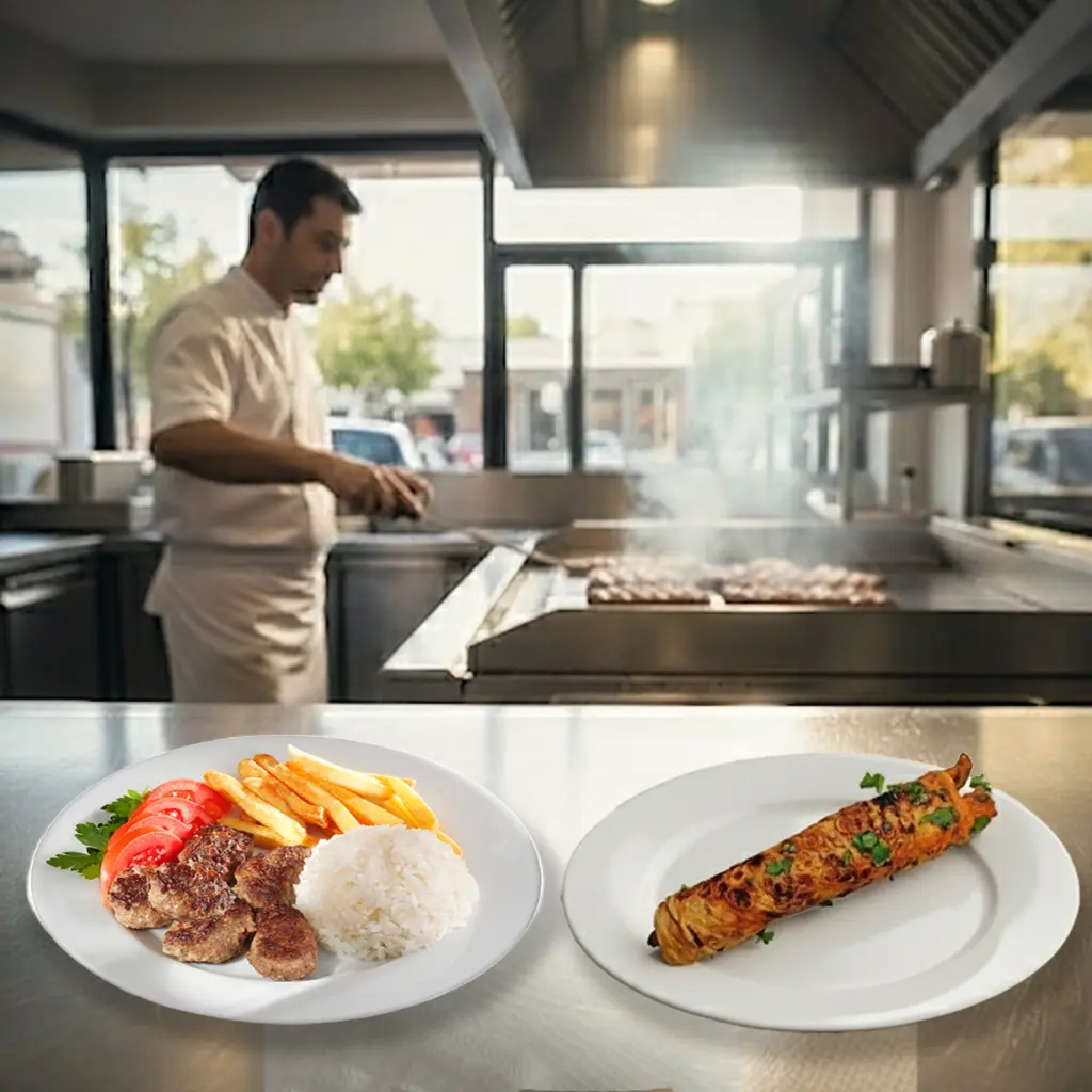 MiaBurrito mutfağında aşçı ızgarada köfte pişirirken önde porsiyon köfte pilav ve patatesle, yanında Hatay usulü dürüm köfte servisi