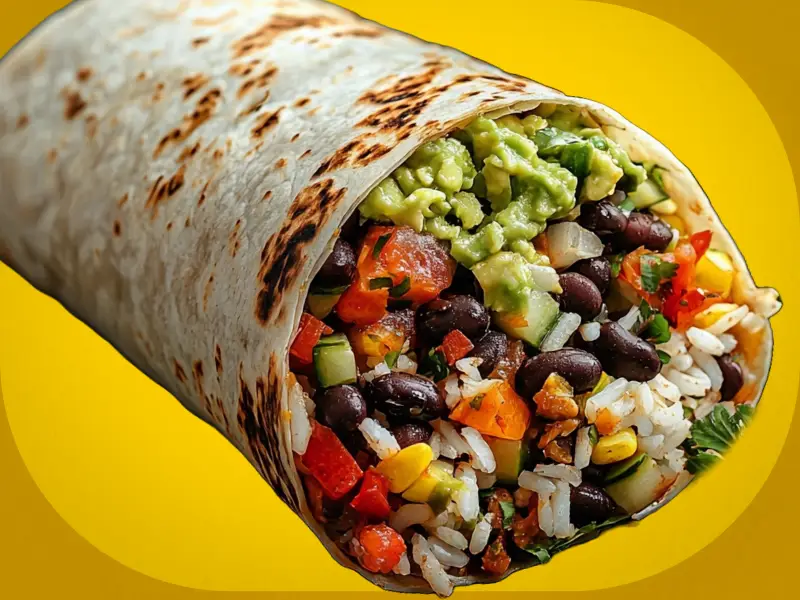 Fethiye MiaBurrito'da hazırlanan, içerisinde taze sebzeler, siyah fasulye ve pilav bulunan lezzetli Vegan Burrito.