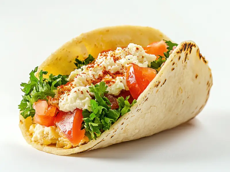 Meksika mutfağının sokak lezzeti olan taco'nun, katlanmış tortilla ve içindeki malzemelerle nasıl göründüğünü anlatan bir örnek.