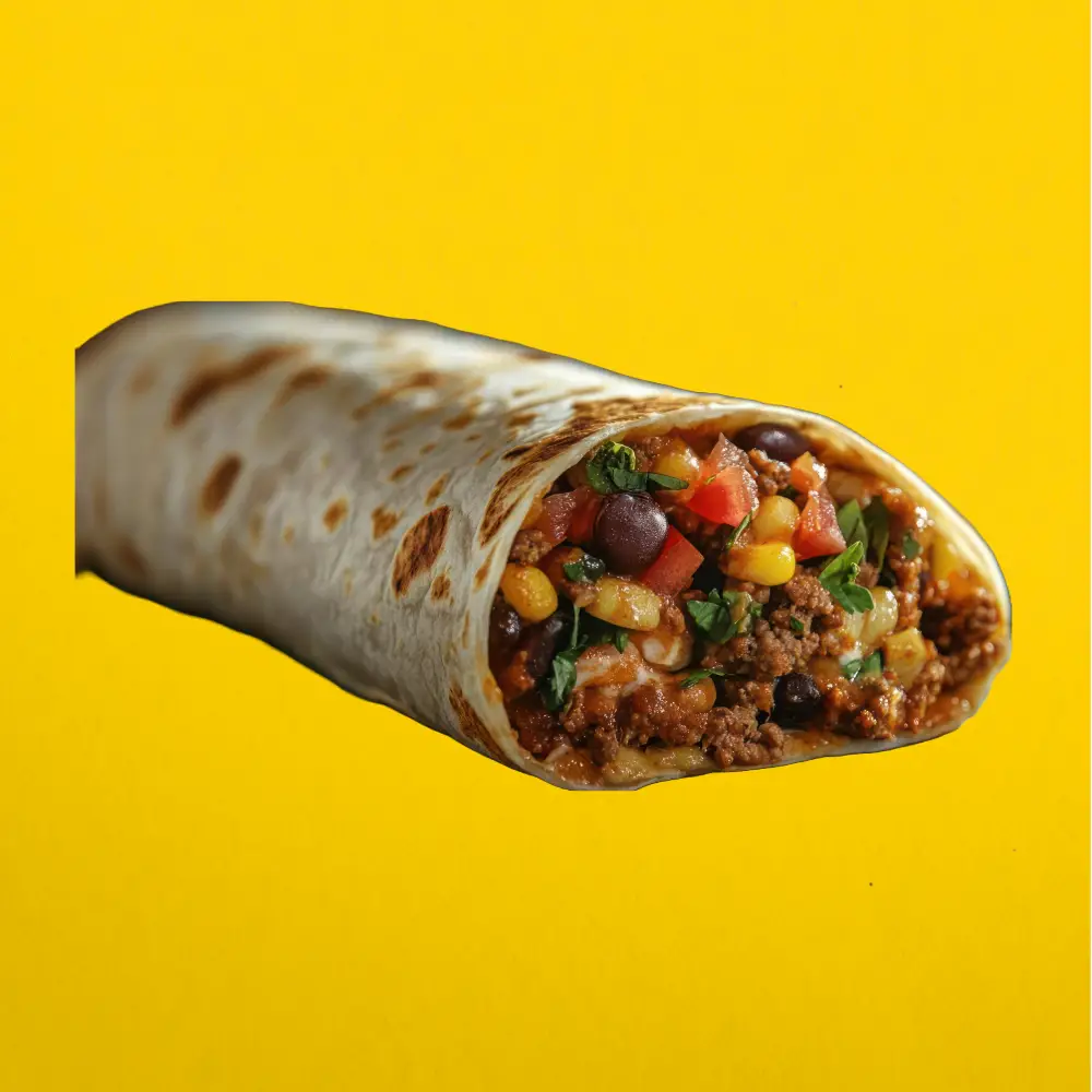 Fethiye MiaBurrito'da servis edilen, içi kıyma, pilav ve Meksika fasulyesi ile dolu Et Burrito.