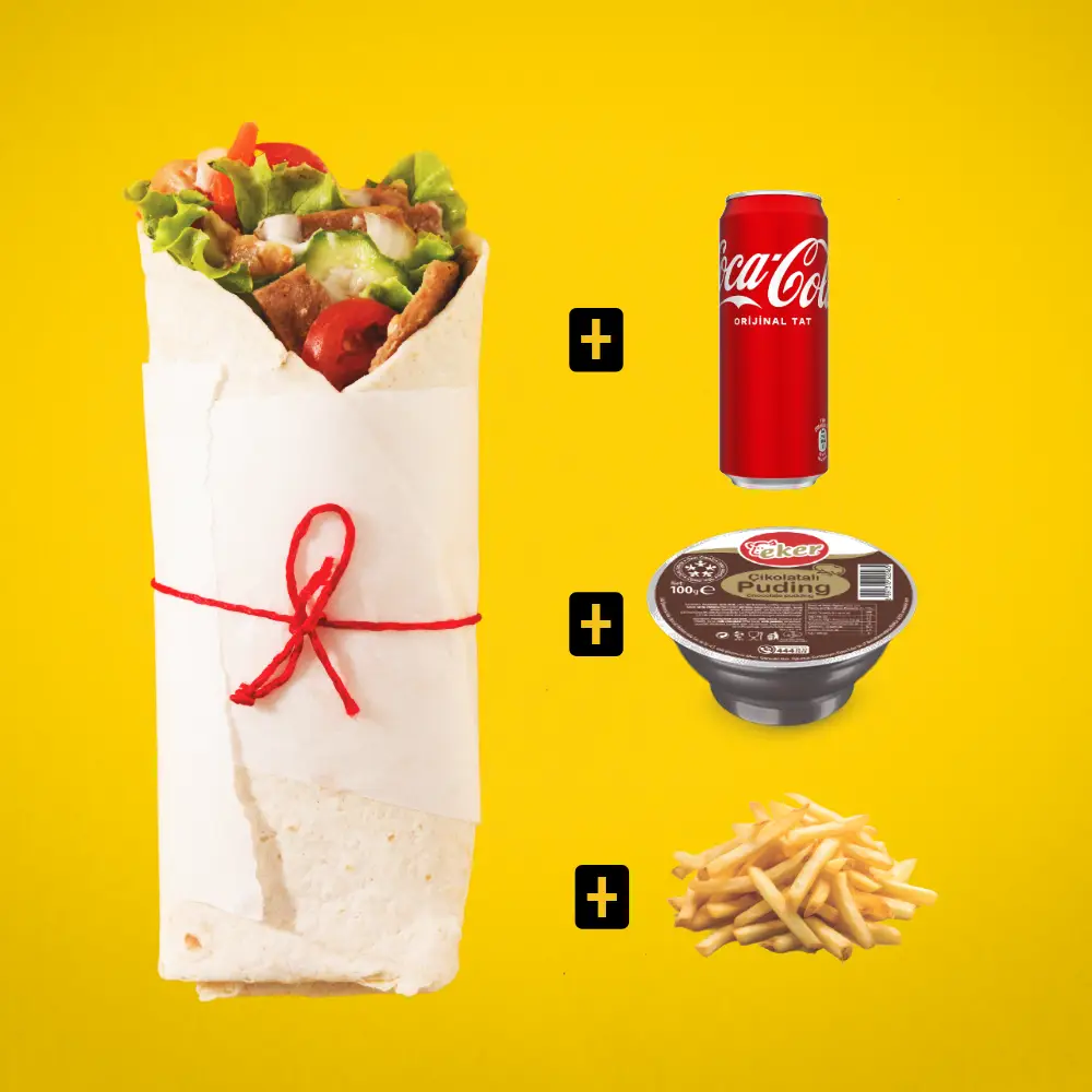 MiaBurrito'nun Klasik Dürüm Menüsü; Coca-Cola, patates kızartması ve tatlı ile birlikte.