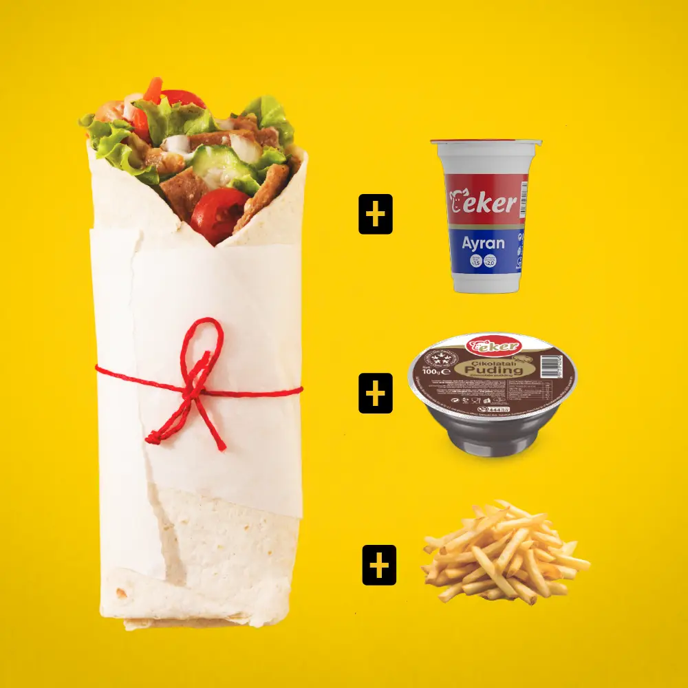 MiaBurrito'nun Ayran ile servis edilen Klasik Dürüm Menüsü; yanında patates kızartması ve tatlı (Eker Puding).